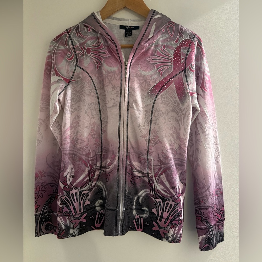 Pink and Gray Breast Cancer Awareness Zip-Up Hoodie
